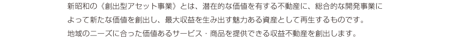 新昭和の《創出型アセット事業》とは、潜在的な価値を有する不動産に、総合的な開発事業によって新たな価値を創出し、最大収益を生み出す魅力ある資産として再生するものです。地域のニーズに合った価値あるサービス・商品を提供できる収益不動産を創出します。