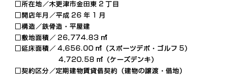 □所在地／木更津市金田東2丁目
□開店年月／平成26年1月
□構造／鉄骨造・平屋建
□敷地面積／26,774.83㎡
□延床面積／4,656.00㎡（スポーツデポ・ゴルフ5）
　　　　　　 4,720.58㎡（ケーズデンキ）
□契約区分／定期建物賃貸借契約（建物の譲渡・借地）