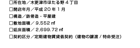 □所在地／木更津市ほたる野4丁目
□開店年月／平成20年1月
□構造／鉄骨造・平屋建
□敷地面積／9,552㎡
□延床面積／2,699.72㎡
□契約区分／定期建物賃貸借契約（建物の譲渡/特命受注）
