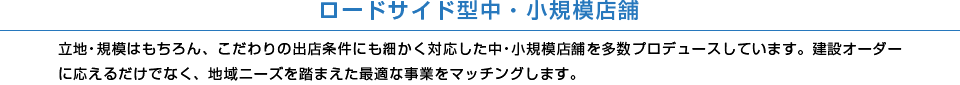 【ロードサイド型中・小規模店舗】立地・規模はもちろん、こだわりの出店条件にも細かく対応した中・小規模店舗を多数プロデュースしています。建設オーダーに応えるだけでなく、地域ニーズを踏まえた最適な事業をマッチングします。