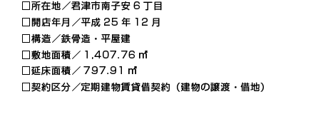 □所在地／君津市南子安6丁目
□開店年月／平成25年12月
□構造／鉄骨造・平屋建
□敷地面積／1,407.76㎡
□延床面積／797.91㎡
□契約区分／定期建物賃貸借契約（建物の譲渡・借地）