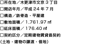 □所在地／木更津市文京3丁目
□開店年月／平成24年7月
□構造／鉄骨造・平屋建
□敷地面積／1,761.97㎡
□延床面積／176.40㎡
□契約区分／定期建物賃貸借契約
（土地・建物の譲渡・借地）