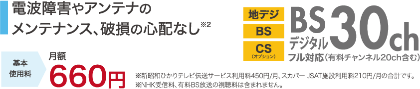 電波障害やアンテナのメンテナンス、破損の心配なし　※新昭和ひかりテレビ伝送サービス利用料450円/月、スカパーJSAT施設利用料210円/月の合計です。※NHK受信料、有料BS放送の視聴料は含まれません。