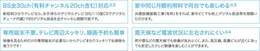 BS全30ch（有料チャンネル20ch含む）対応　家中同じ月額利用料で何台でも楽しめる　悪天候など電波状況に左右されにくい