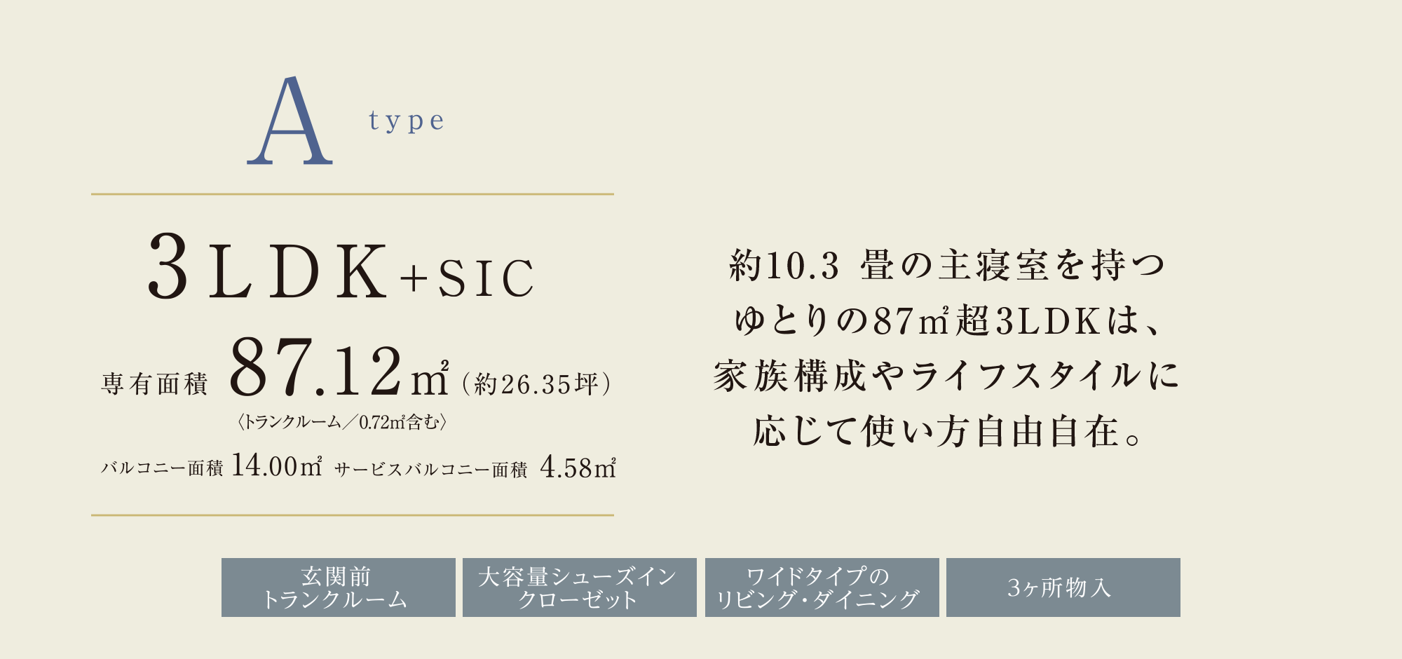 Atype 3LDK+SIC
							約10.3 畳の主寝室を持つゆとりの87㎡超3LDKは、家族構成やライフスタイルに応じて使い方自由自在。