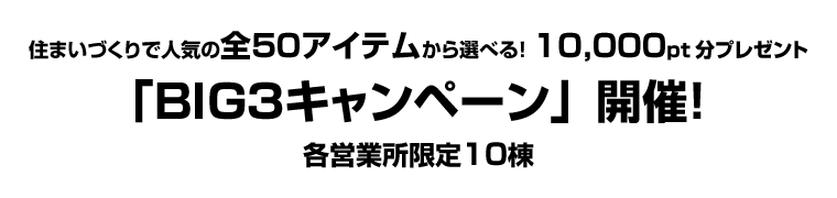 住まいづくりで人気の全５０アイテムから選べる！ １０,０００pt分プレゼント 「BIG３キャンペーン」開催！ 各営業所限定１０棟