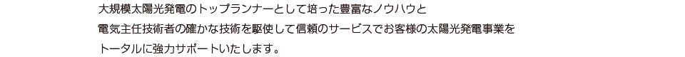 大規模太陽光発電のトップランナーとして培った豊富なノウハウと電気主任技術者の確かな技術を駆使して信頼のサービスでお客様の太陽光発電事業をトータルに協力サポートいたします。