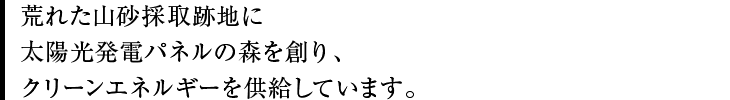 荒れた山砂採取跡地に太陽光発電パネルの森を創り、クリーンエネルギーを供給しています。