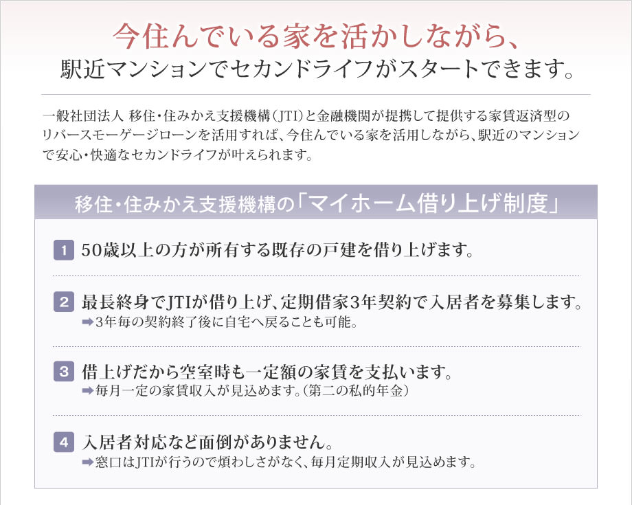 今住んでいる家を活かしながら、駅近マンションでセカンドライフがスタートできます。