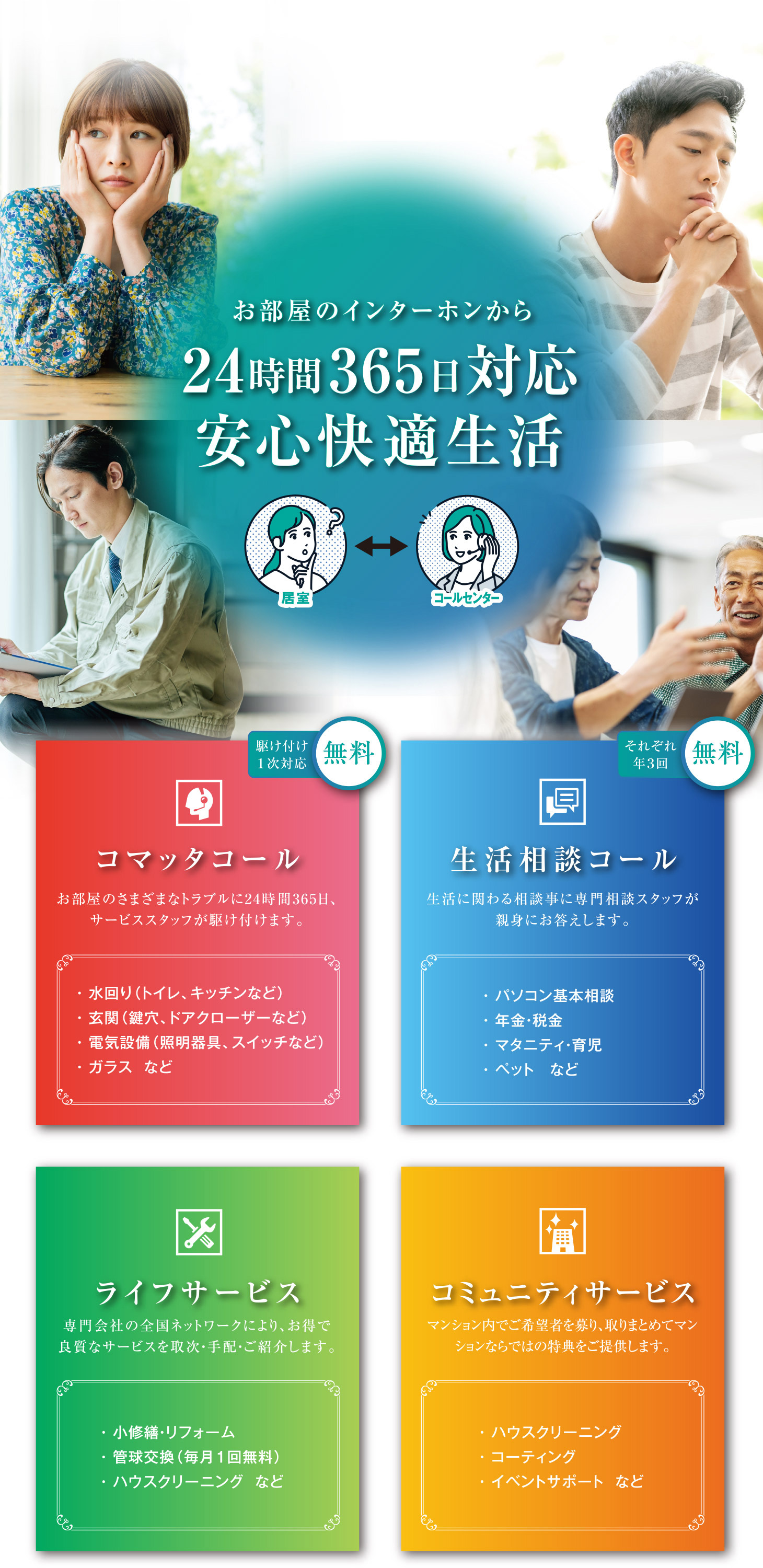 お部屋のインターホンから24時間365日対応
安心快適生活
・コマッタコール
・生活相談コール
・ライフサービス
・コミュニティサービス